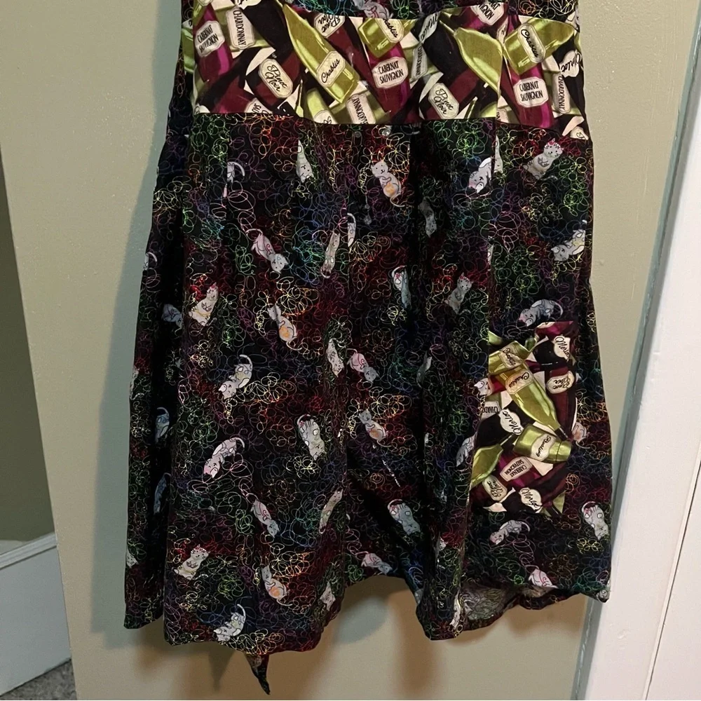 Handmade Apron Black Neon Cat Print Wine Bottle Details Pocket Tie Back